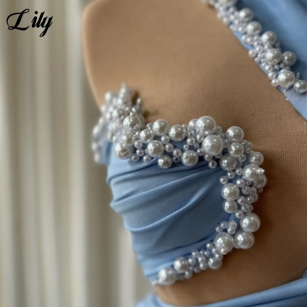 Lily bleu charmante perles sirène robe De bal pour femme plissé balayage Train Vestido De Fiesta cérémonie robes De fête personnalisé