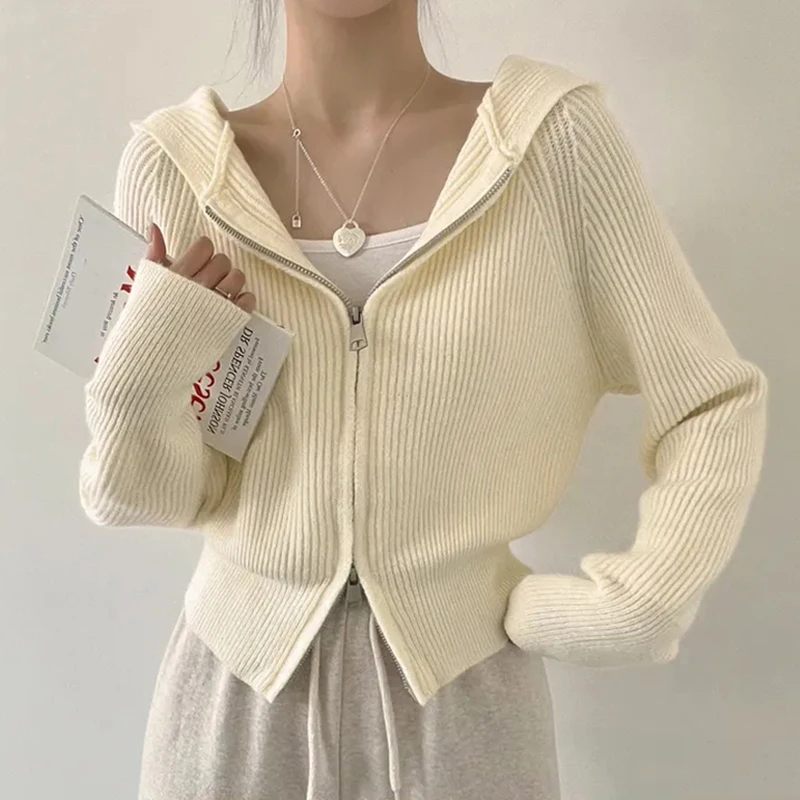 

Elegant Women Long Sleeve Cardigan Hooded Sweaters New Fashion Autumn Zipper Knitted Sweaters Office Loose Casual Winter Coat