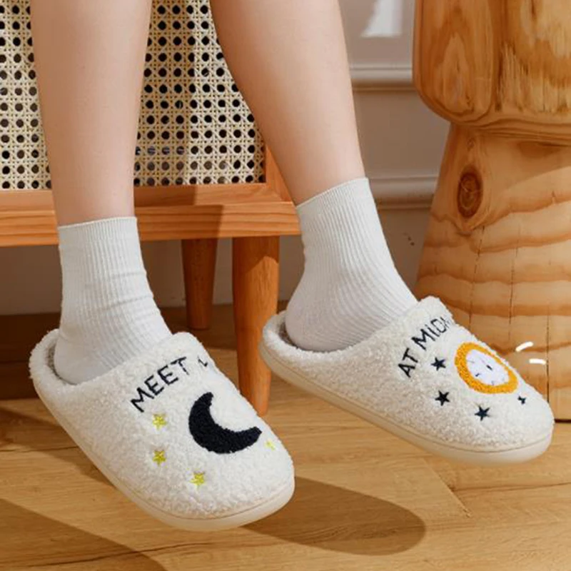 Women Cute Warm Meet Me At Midnight Slippers Cushion Slides Soft Warm Comfort Flat Fur Woman Cartoon House Slippers Funny Shoes