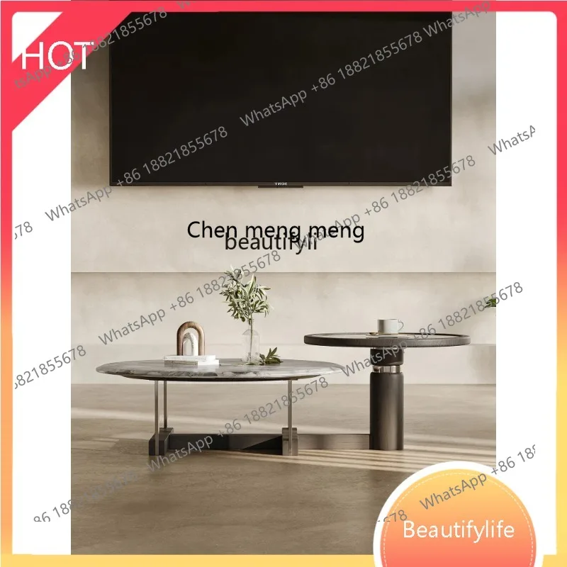 

Designer Light Luxury Ash Wood Tea Table Combination Steel Marble Home Living Room round Table