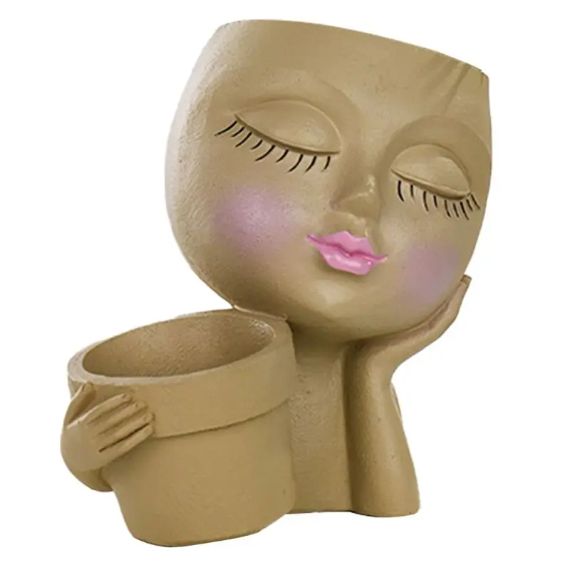 A78I Face Planter Pot-Double Flower Pots Indoor Outdoor Plants Resin Head Planter with Drainage Hole Cute Lady Face Plant Pot