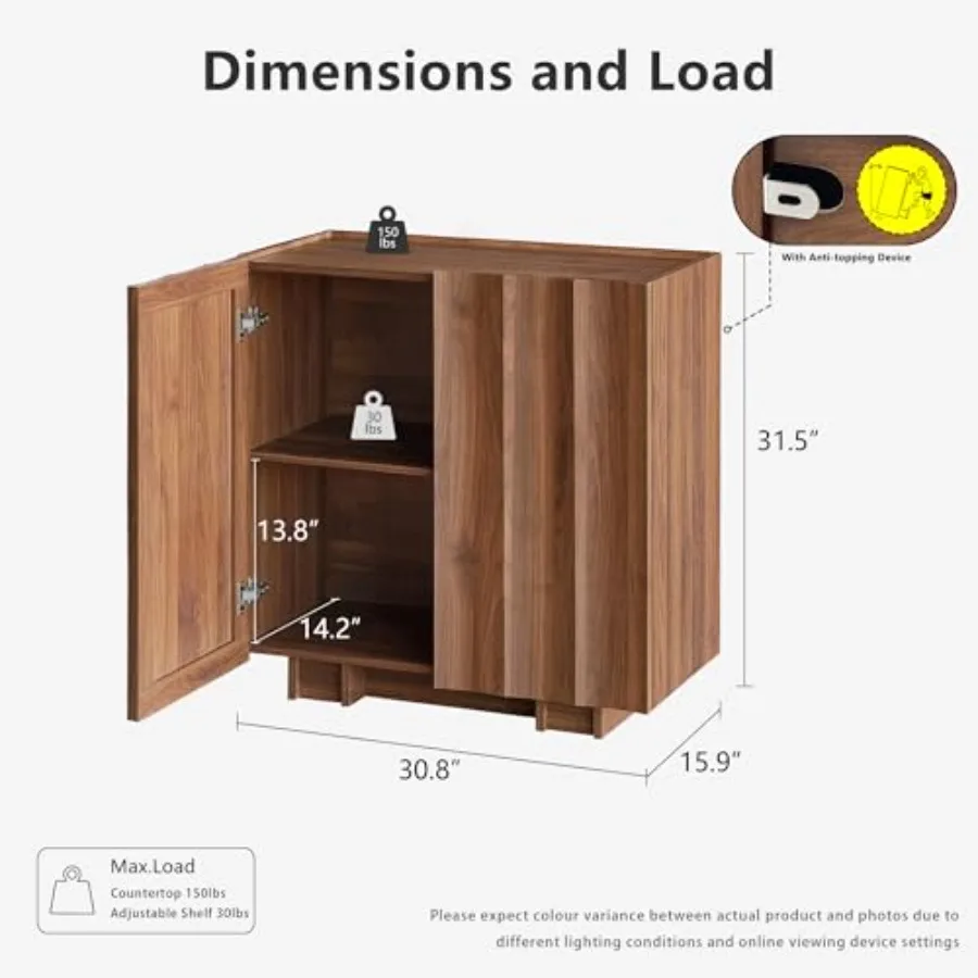 Fluted Sideboard Buffet Cabinet with Storage for dining room, wood veneer, walnut brown, elegant textured surface and ample con