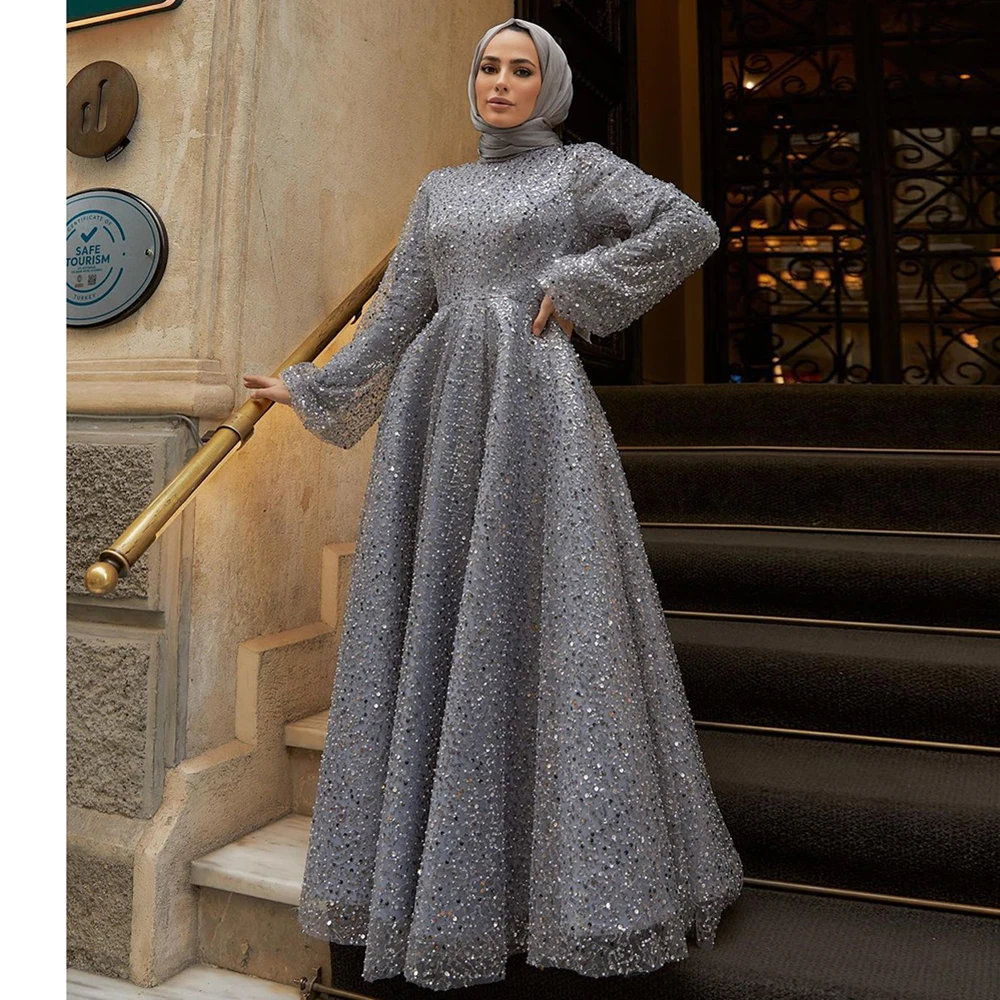Dubai Arabic A-Line Wedding Evening Dress for Women Muslim 2026 High Neck  Long Sleeves Sequin Formal Prom Party Gown Customized - AliExpress 320