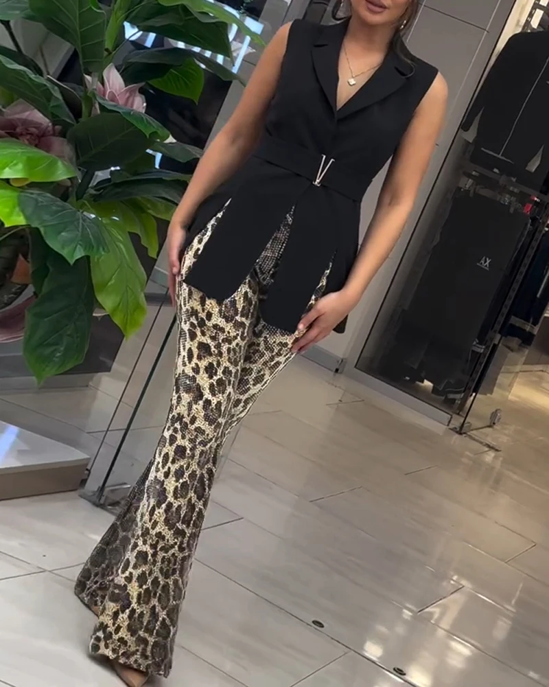 2024 Women Leopard Pattern Allover Sequin Slim Fit Wide Leg High Waist Causal Pants