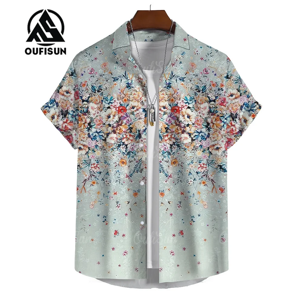 Sunflower Floral Print Shirt Men\'s Casual Short Sleeve Shirt Summer Hawaii Beach Vacation Men\'s Shirt Oversized Tops Size S-5XL