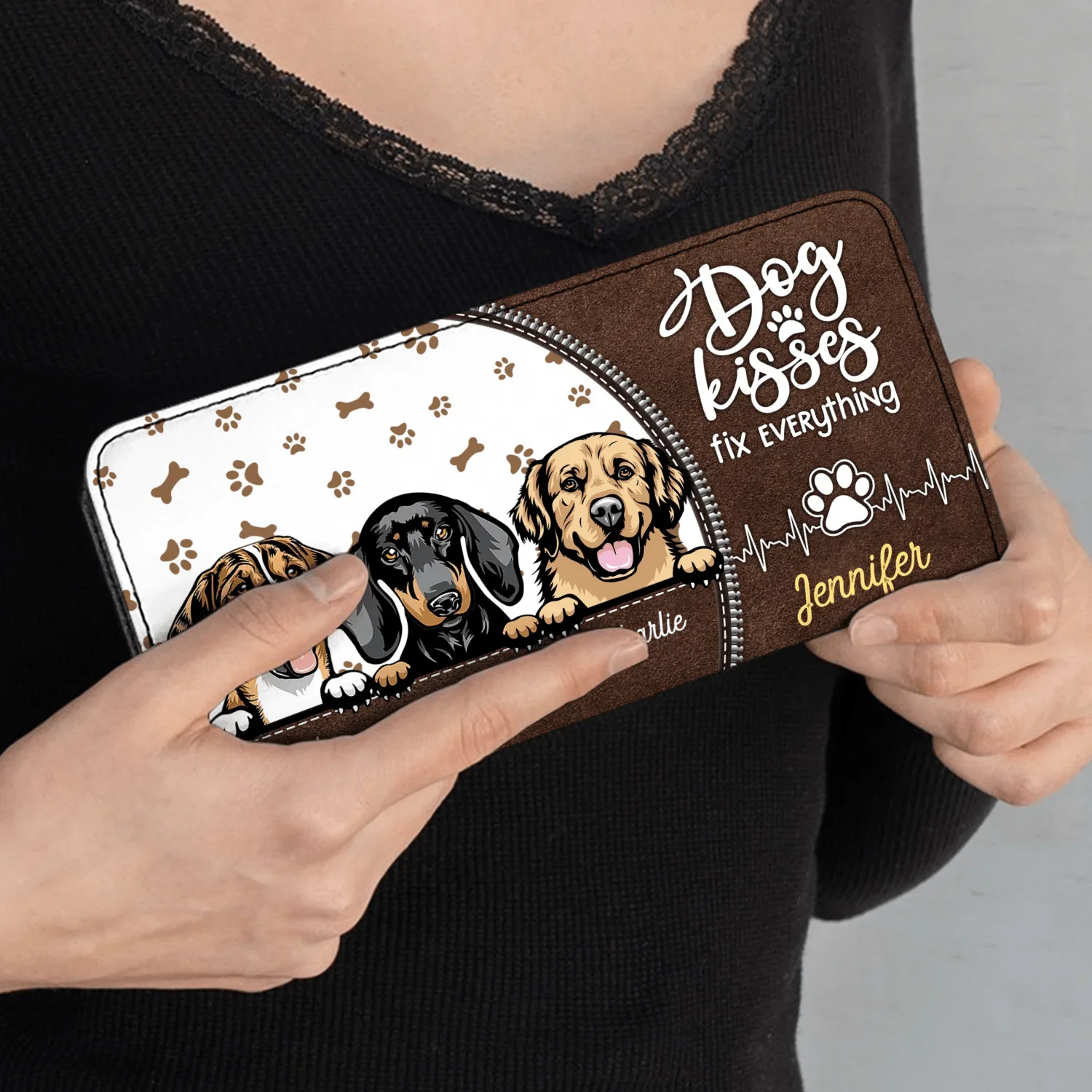 Wallet for Women Personalized Pet Dog Print PU Leather Purse Card Holder Multifunctional Portable Strap Wallets DIY Name Fashion