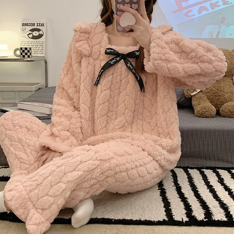 

New Winter Plush Pajamas Princess Style Square Collar Thick Warm Sweet Comfortable Cute Bow Solid Color Loungewear Set