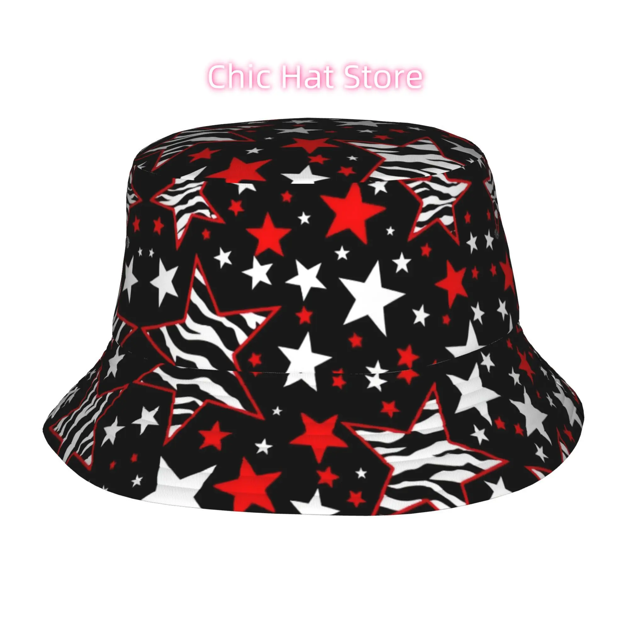 A Fully Printed Fisherman Hat Featuring a Red And White Zebra Star Pattern, Suitable for Both Men And Women, Ideal for Outdoor A