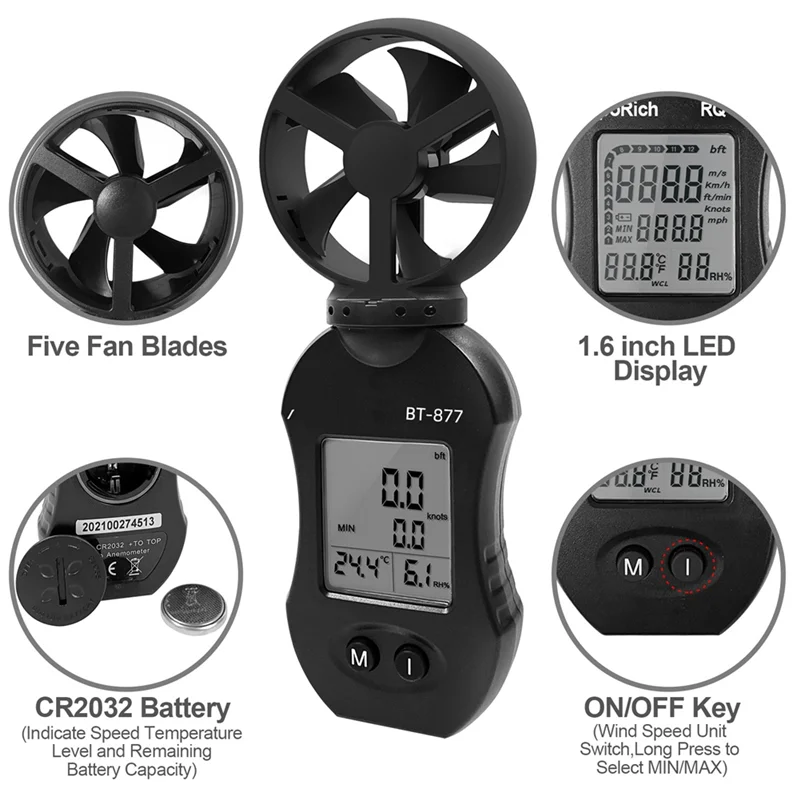 B03B-Instruments de medição de velocidade de anemômetro multifuncional com medição de temperatura e umidade