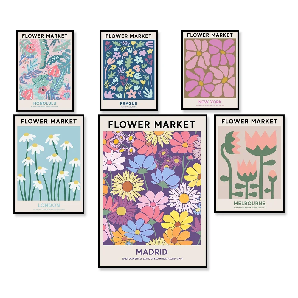 Aesthetic flower market posters in New York, Tokyo, Prague, London, Madrid, Paris and Honolulu, Stockholm, Sydney and Athens