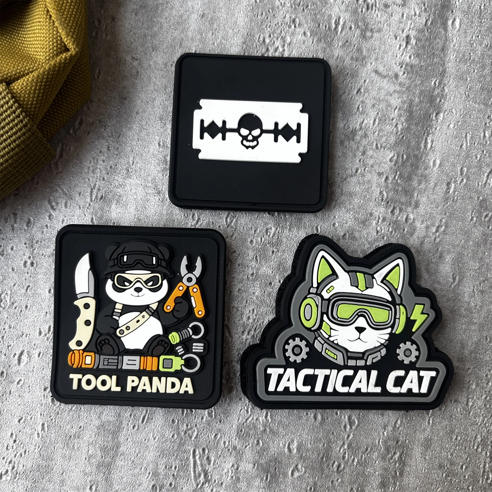 1PC/3PCS Tool Panda, Tactical Cat & Skull Razor Blade PVC Patch Hook and Loop Morale Badge for Backpack Jacket Hat Clothing