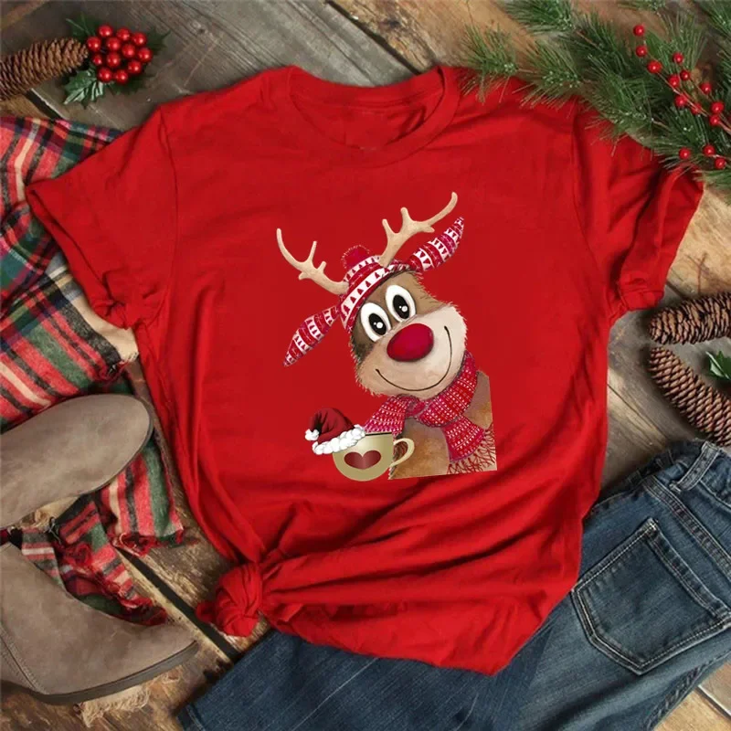 Women Tshirts Merry Christmas Tree Print Red Top Femal New Clothing Short Sleeve 90s Girls Lucky Deer T-shirts Aesthetic Clothes