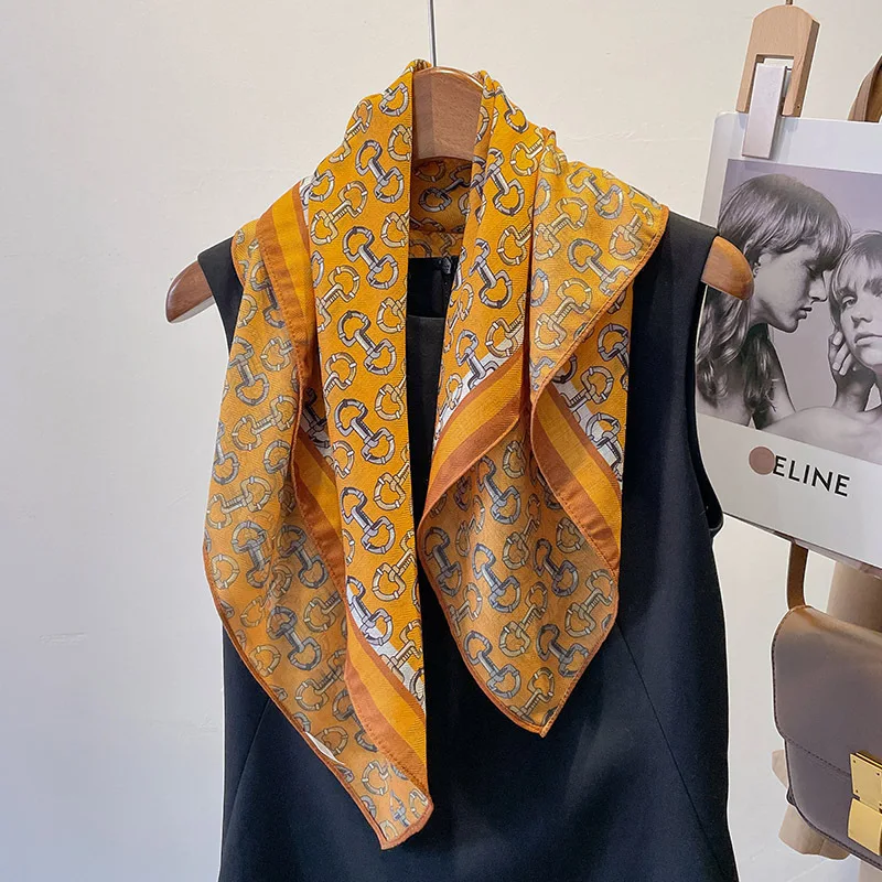 Luxury Geometry 68 Cotton and Linen Feeling Square Scarf, Elegant Silk Scarf, Printed Decoration Scarf, Small Collar Scarf,Women