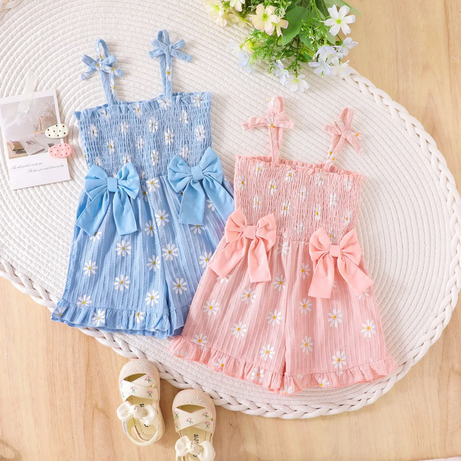 Girls Smocked Jumpsuit Sling Long Pants Baby Sets Delicate Smocked Elastic Design Fit Different Body Shapes Soft Lightweight