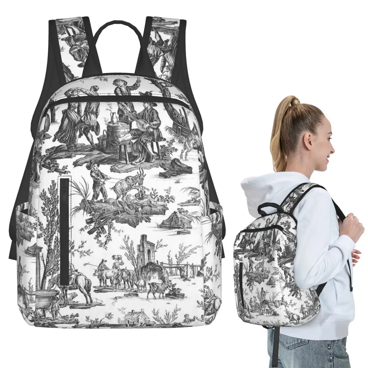 Vintage French Toile De Jouy Motif (1) Backpack Student BookBag Boys Girls School Bag Laptop Shoulder Bags Men Women