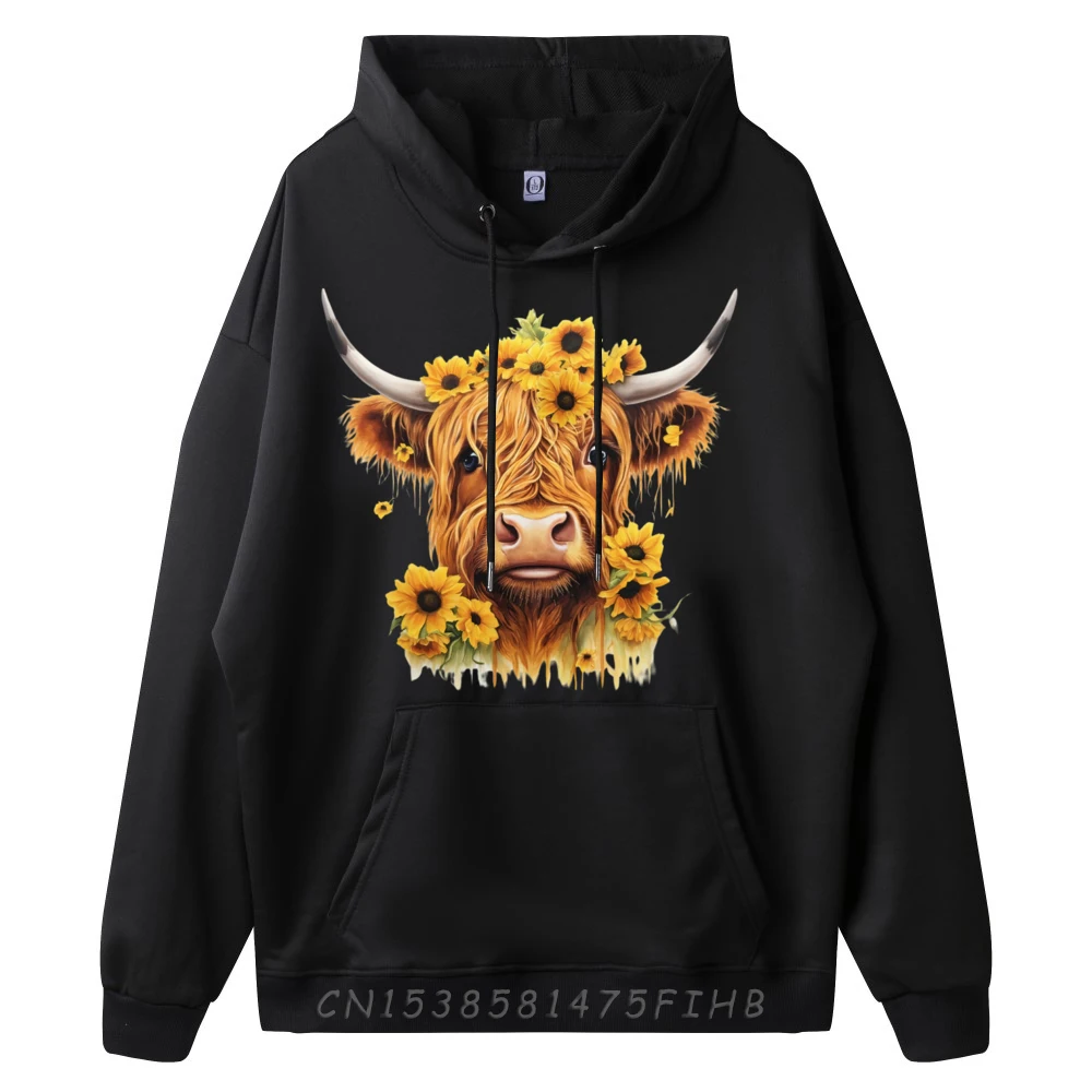 Cute Sunflower Design For With Scottish Highland Cow Black Shirt Graphic Tees Long Sleeve Hoodie Game