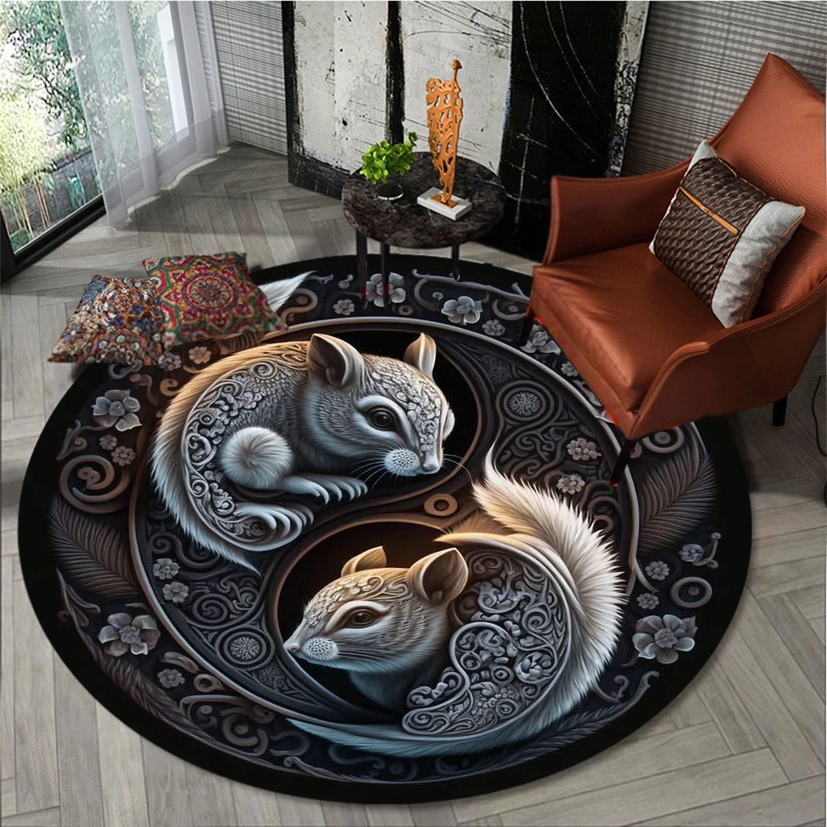 Yin Yang Squirrel Round Area Rug Non Slip Floor Mat Living Room Bedroom Decor Office Chair Pad Home Carpet