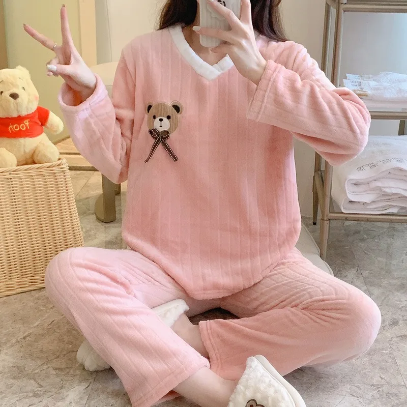 

Thickened Warm Pajama Women Winter Flannel V-Neck Solid Color Simple Bow Bear Cute Long Sleeves Trousers Student Loungewear