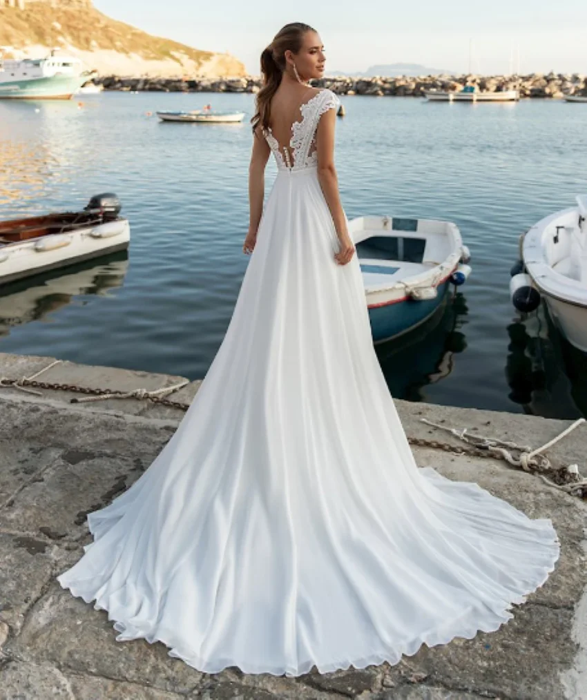 

V-Neck Open Back Elegant Long Bridal Gown Sweep Train Vestidos De Novia Bohemian Wedding Dresses Lace Chiffon Beach Cap Sleeve