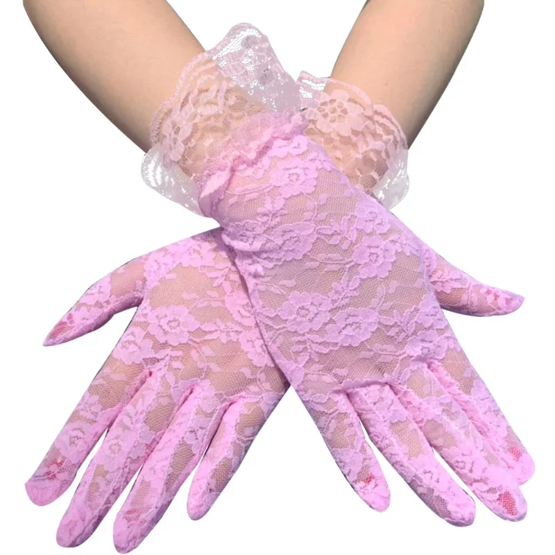 Guantes de tul cortos de encaje para mujer, manoplas de dedo completo, elegantes, ultrafinas, florales