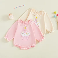 Citgeett Spring Infant Baby Girl Birthday Bodysuit Loose Fit Embroidered Neck Long Sleeve Jumpsuit Autumn Clothes