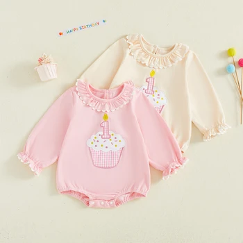 Citgeett Spring Infant Baby Girl Birthday Bodysuit Loose Fit Embroidered Neck Long Sleeve Jumpsuit Autumn Clothes