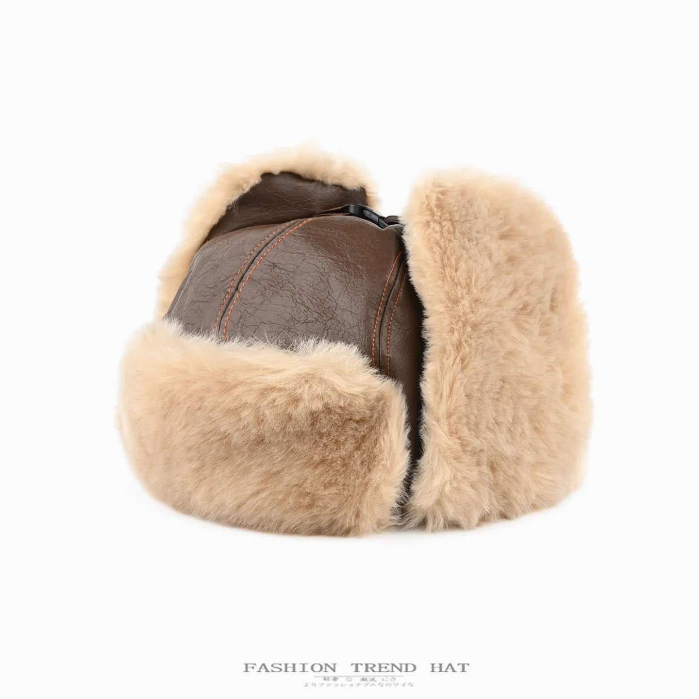 Men Faux Leather Trapper Hat Label Patch Decor Thick Fleece Lined Ear Flap Hat Winter Windproof Trooper Hat
