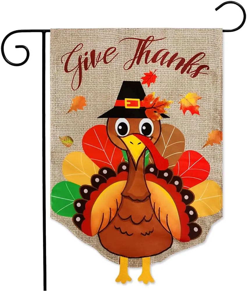 3D Fall Thanksgiving Garden Flag 12.5x18 Inch Double Sided Embroidered Applique Turkey Yard Flag, Thanksgiving Decorations for O