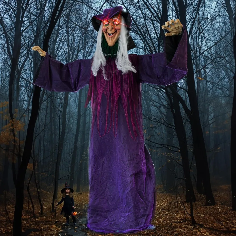 

12FT Halloween Animatronics Witch Decorations, Giant Animated Standing Talking Witch with Red Eyes, Sound Touch Activated