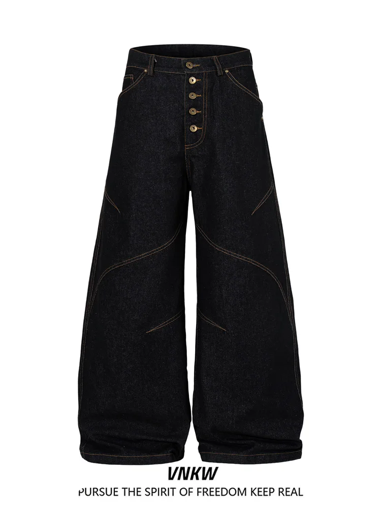 Retro American Denim Original Black Knife  Jeans Men's Handsome Deconstructed Single Button Wide Leg Baggy Long Trousers