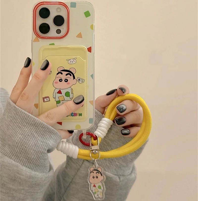 Cute color Geometry cartoon Crayon Shin -chan Wallet card bag Lanyard Phone Case For iPhone 11 12 13 14 15 16 Pro Max Plus Cover