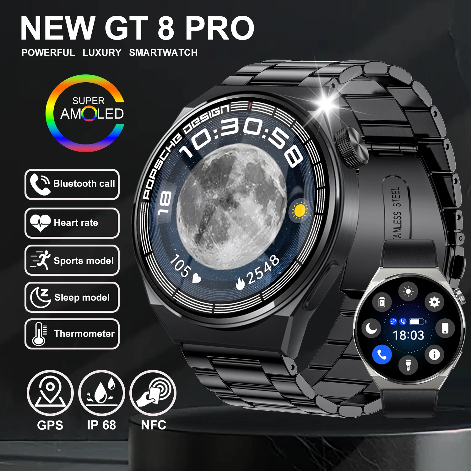 

NEW NFC SmartWatch Men GT8 HD Large Screen Heart rate Bluetooth Call Luxury Smartwatch GPS IP68 Waterproof Smartwatch For Huawei