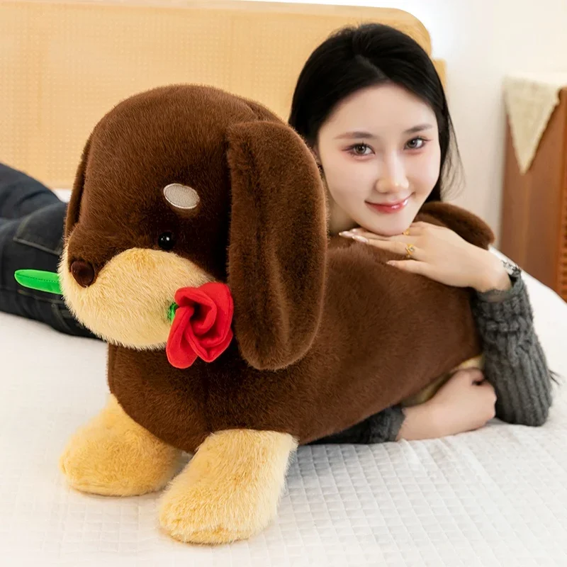 

Creative Rose Dachshund Plush Toys Stuffed Soft Puppy Holding Flower Pillow Sofa Cushion Kawaii Room Decor Girls Valentine Gifts
