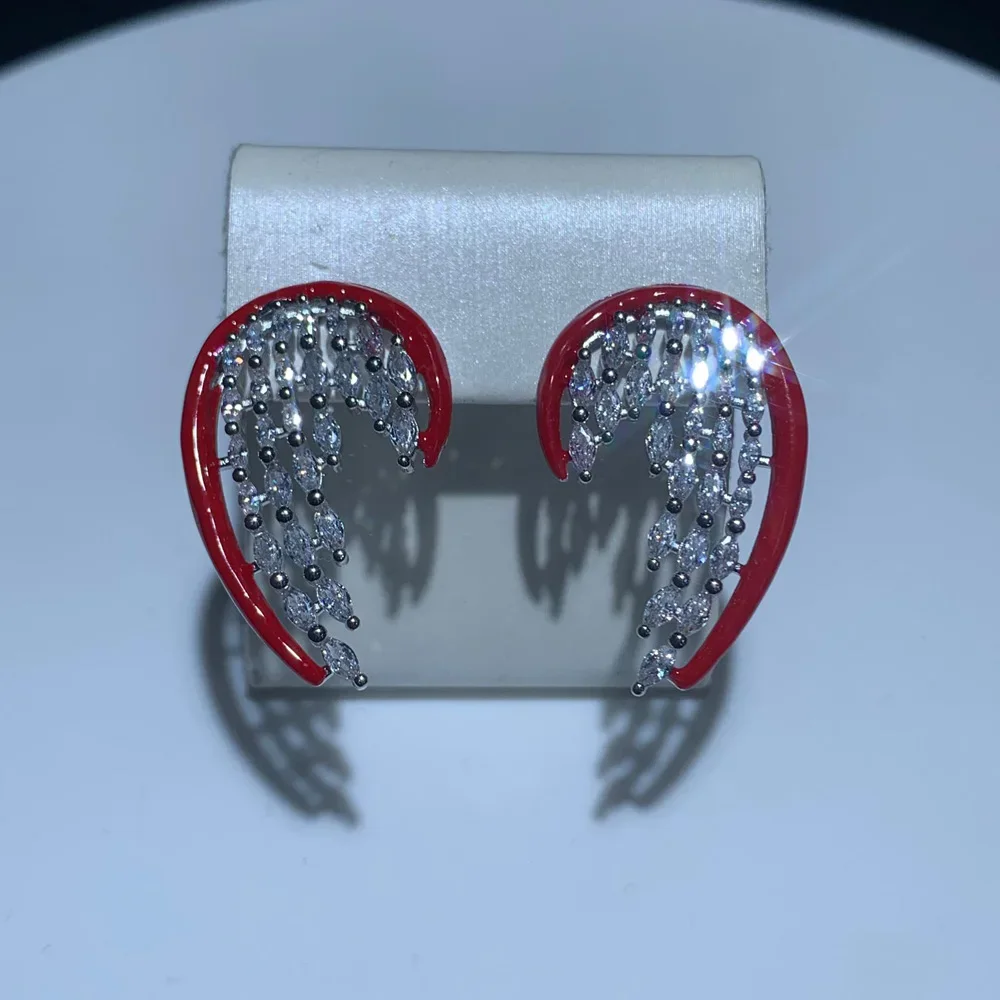 Iced Out Bling Sparking Marquise 5A Cubic Zirconia Paved Red White Black Enamel Bezel Heart Shaped Women Stud Earring