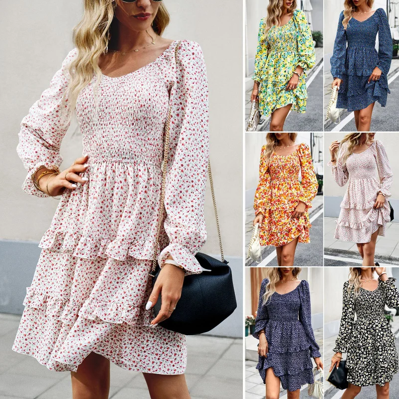 

European and American New Best-Selling Dress Women2025Autumn Hot Sale Holiday Leisure FloralvCollar Long Sleeve Skirt