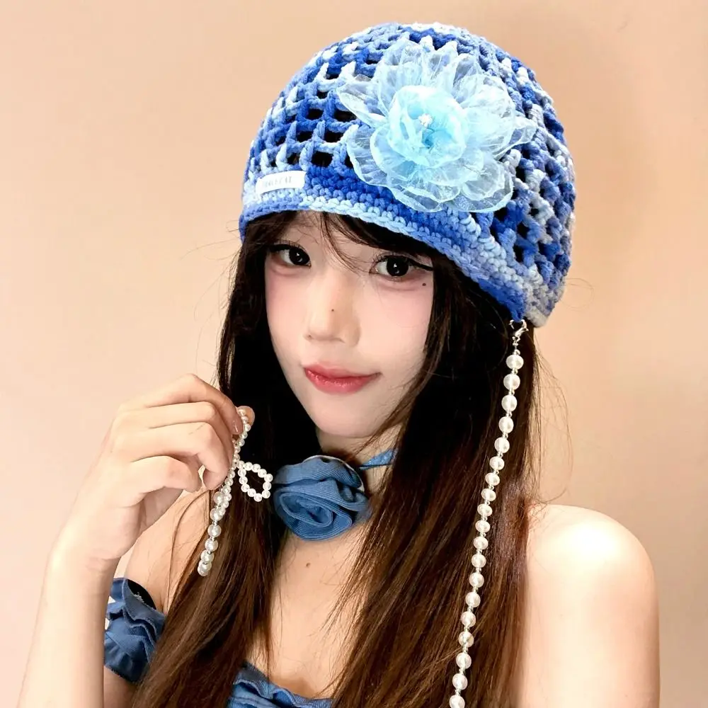 البوهيمي نمط الكروشيه شرابة قبعة صغيرة الجوف نسج زهرة البلوز قبعة رقيقة الدوبامين اللون القوس اللؤلؤ قبعة قبعة الشارع الشهير