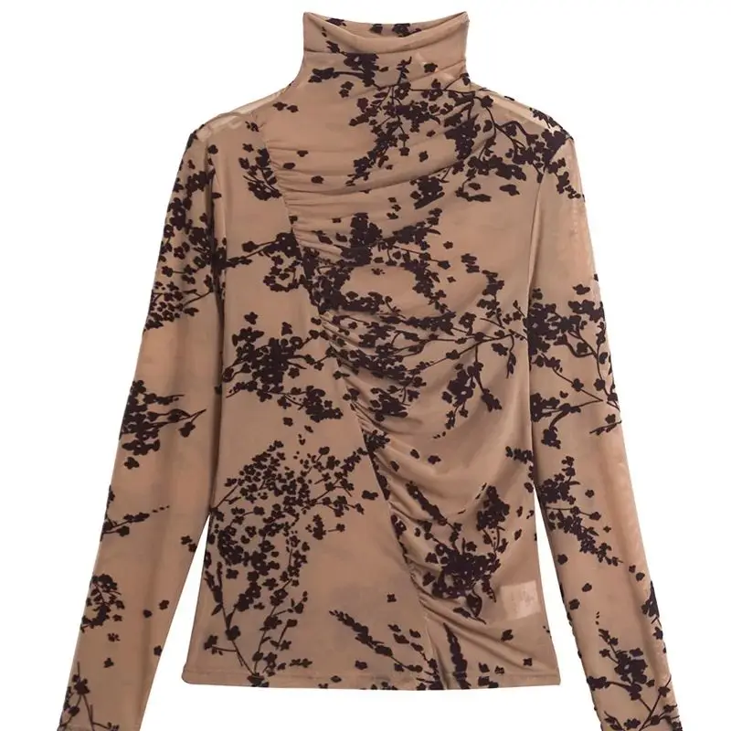 Spring Summer Sweet Turtleneck Printed Flowers Knitted Flocking Woman Shirring Silm T-shirt Long Sleeve Female Mesh M-3XL