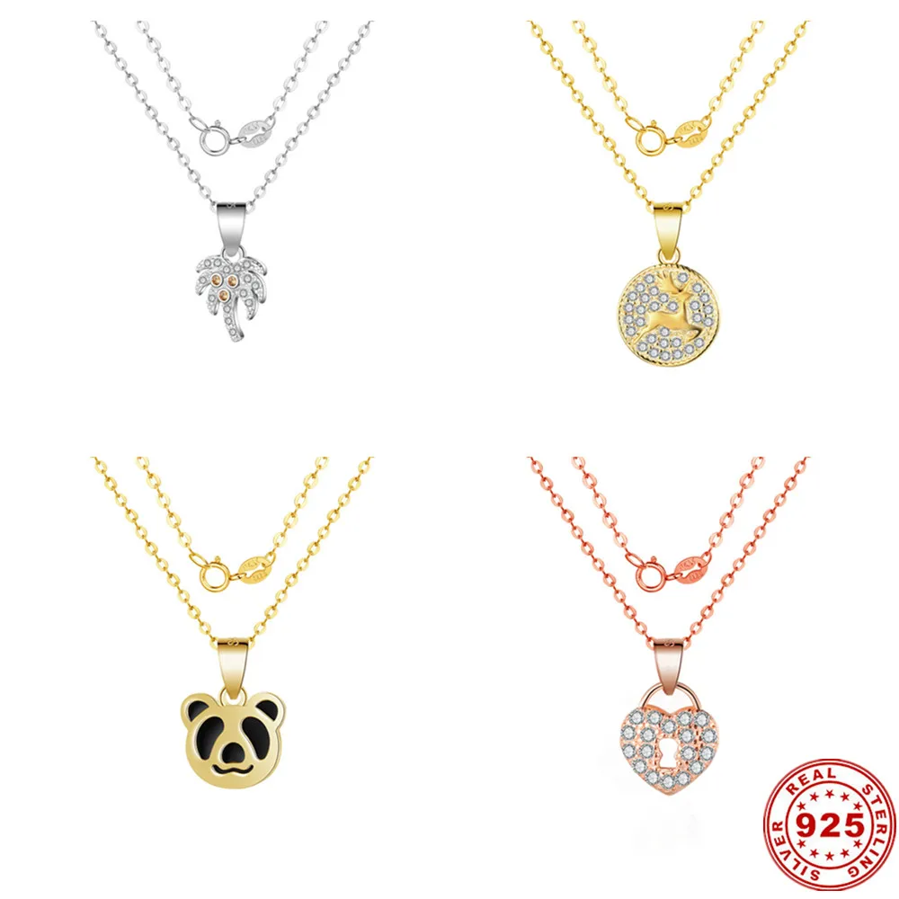 

1pcs 925 Sterling Charm Panda Deer Coconut Tree Pendant Necklace for Women Jewelry 45cm chains