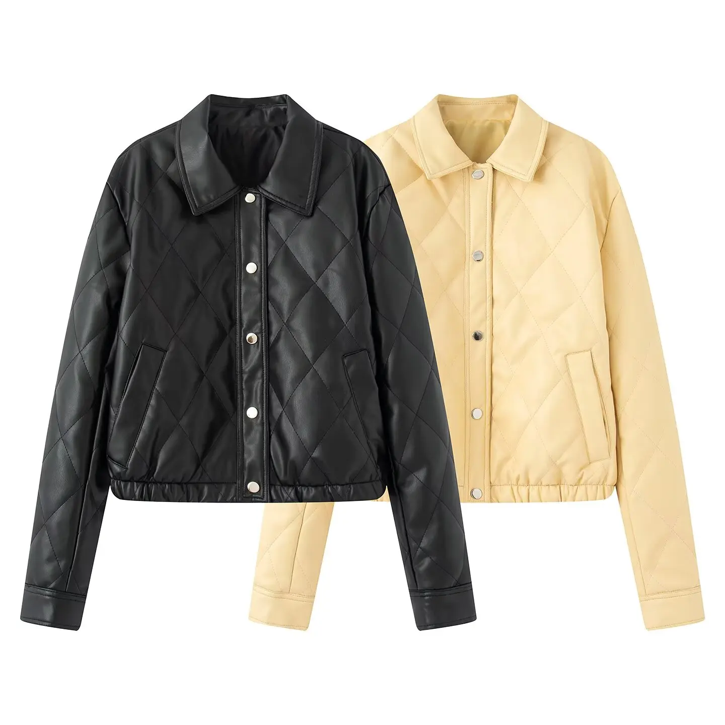 

2025 WOMAN Autumn New Fashion Quilted Short Lapel PU Coat Vintage Long Sleeve Pockets Casual Female Outerwear Chic Tops