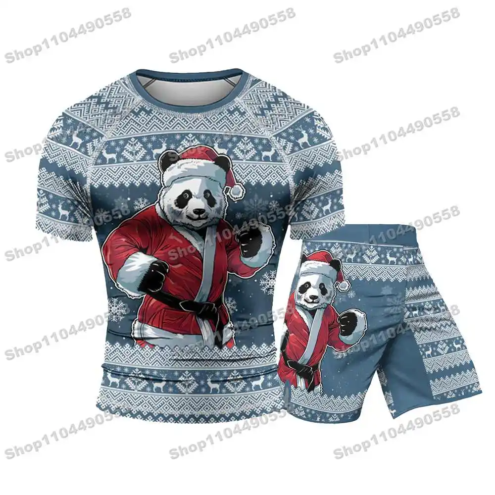 N320th Kinds Of Newly Panda Rash Guards Surfing Beach Swimwear Diving Gym Short sleeves MMA BJJ Men Jiu Jitsu Fitness Sets