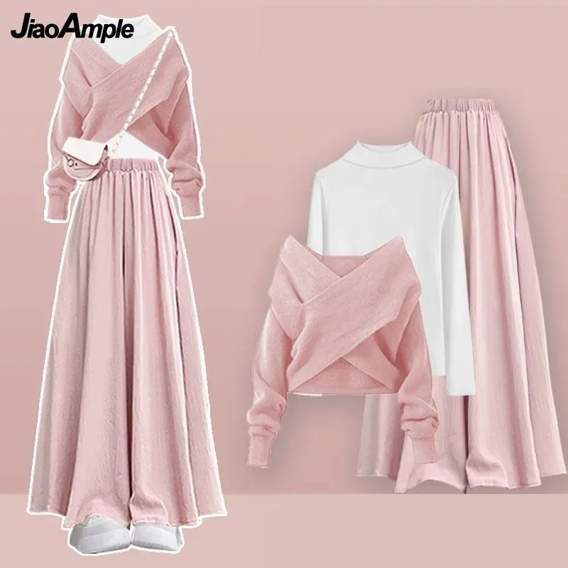 Feminino 2025 outono/inverno nova moda em conjunto de correspondência coreano elegante camisola de malha + undershirt + saia casual calças terno de 3 peças