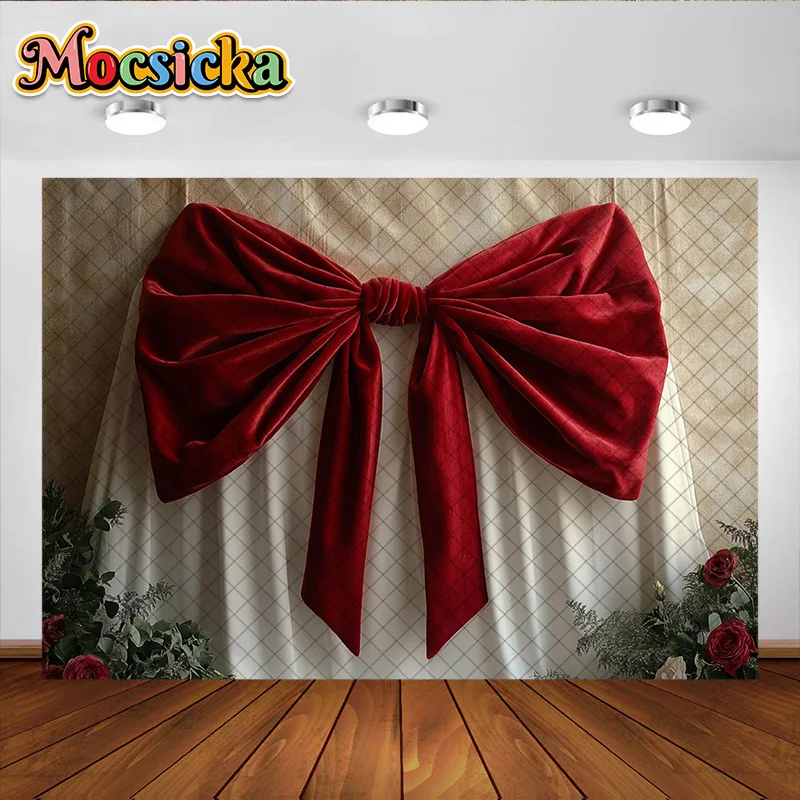 Mocsicka التصوير خلفية الشريط الأحمر القوس الحلو الفتيات حفلة عيد ميلاد استحمام الطفل خلفية لوازم الديكور استوديو الدعائم