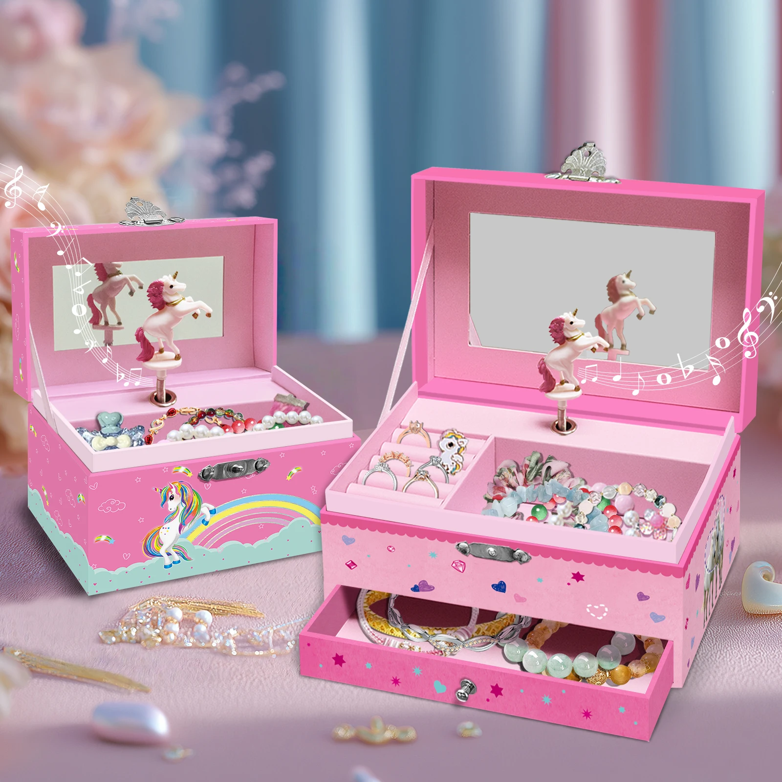 Pink White Unicorn Music Jewelry Storage Box, Wind-Up Rotating Music Box, Ideal Gift for Festival & Daily Jewelry Organizer