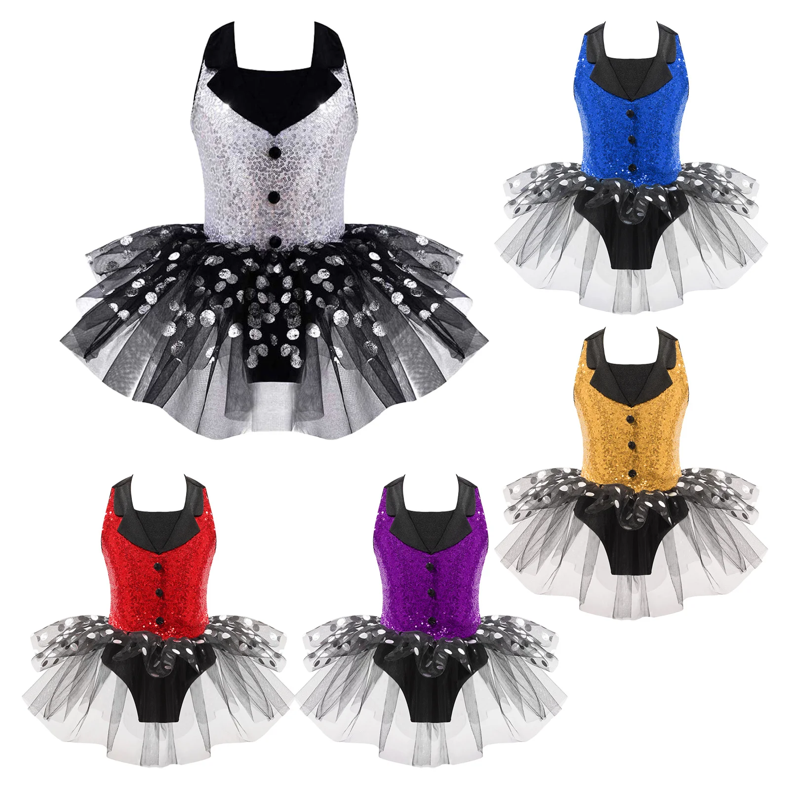 Girls Ballet Tutu Dress for Kids Jazz Latin Dance Clothing Sequins Polka Dots Tulle Dance Costume Stage Performance Dancewear