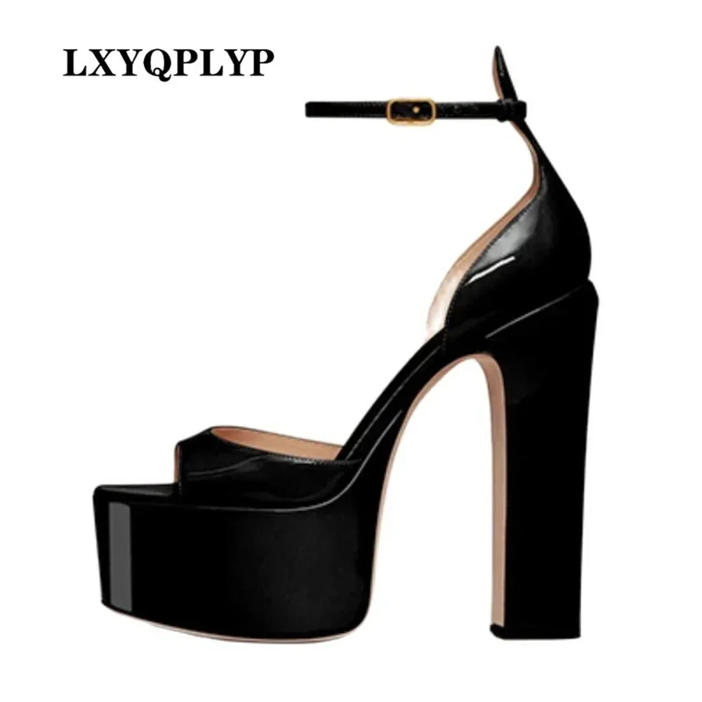 2022 New Sexy Party Women\'s Pumps Patent Leather Summer Sandals Thick High Heel Platform Fish Mouth Shoes Black White Big Size