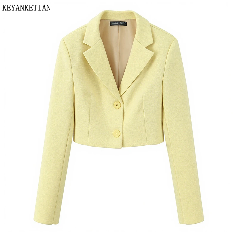 

KEYANKETIAN 2026 Новая женская укороченная куртка-блейзер с одной пуговицей, укороченный жакет с завышенной талией, шикарный офисный повседневный укороченный топ