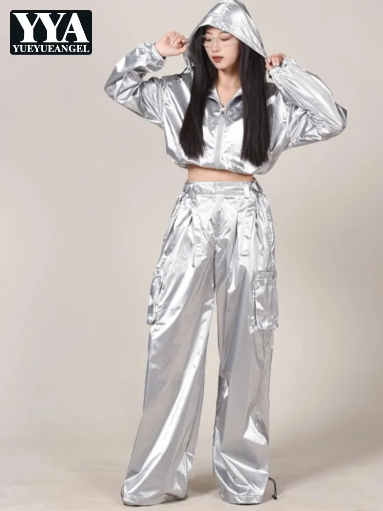Hooded Women Exposed Navel Short Jacket Sets Bright Jacket Dance Pant Two-Piece Set Zipper Waterproof Coat Hip Pop Pants Outfits
