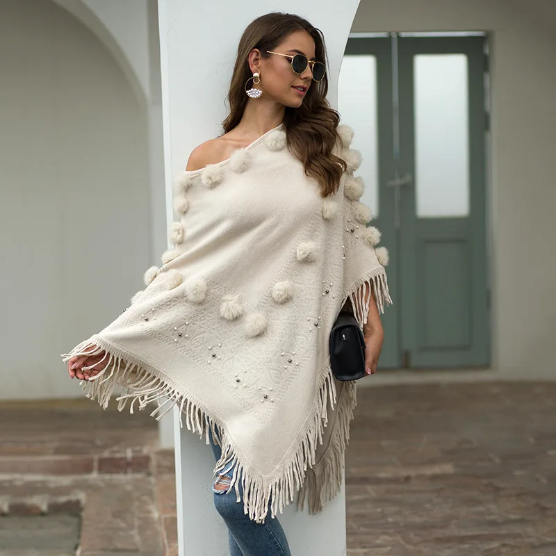 

European and American Women's Shawl, Fringed Cape, Furball Spikes, Round Neck Sweater, New, Fall, Winter, 2023