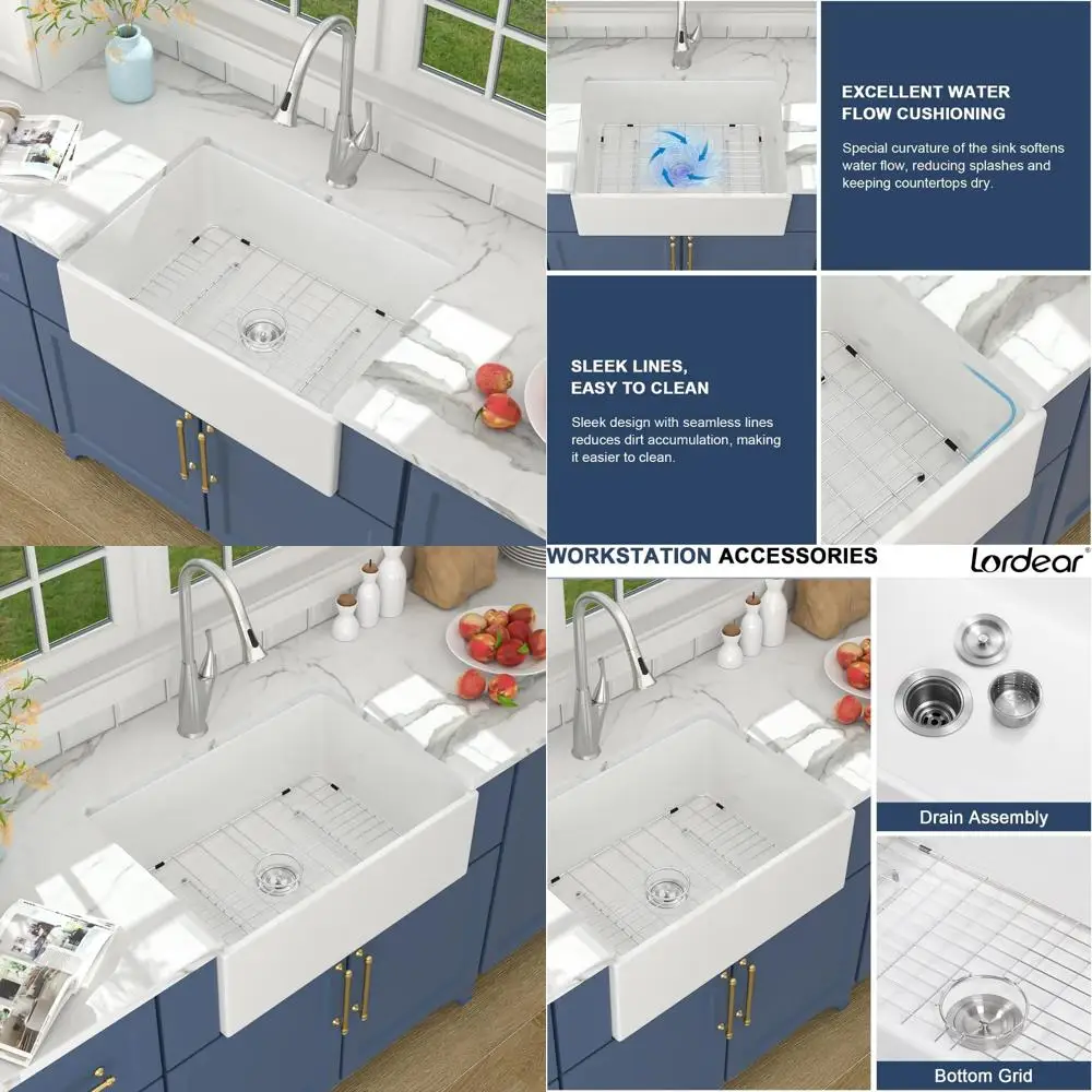 

White 28 Inch Farmhouse Kitchen Sink Single Bowl Porcelain Ceramic Apron Front Fireclay 28x20 Inch Traditional Style Sinks for C