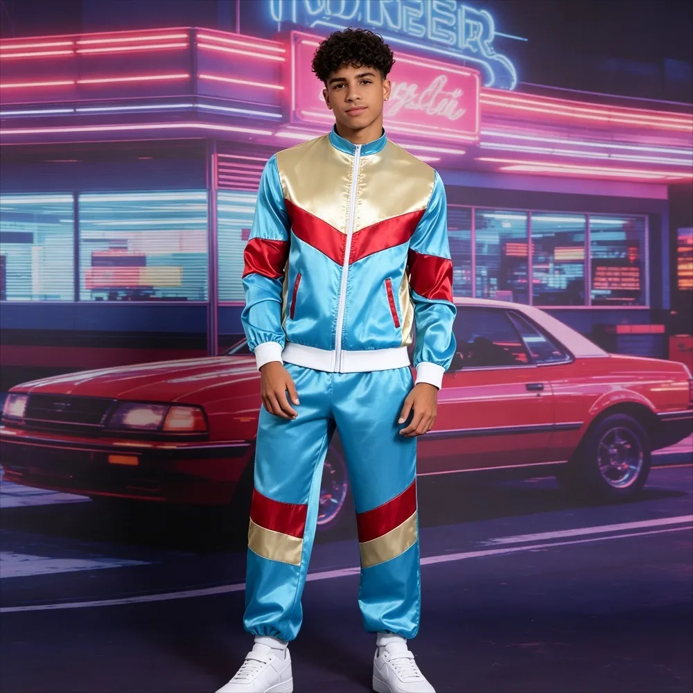 80s Retro Photo Shoot Tracksuit Vintage Disco Jogger Set with Color Block Zip Jacket + Side Stripe Pants Fluorescent Outfit